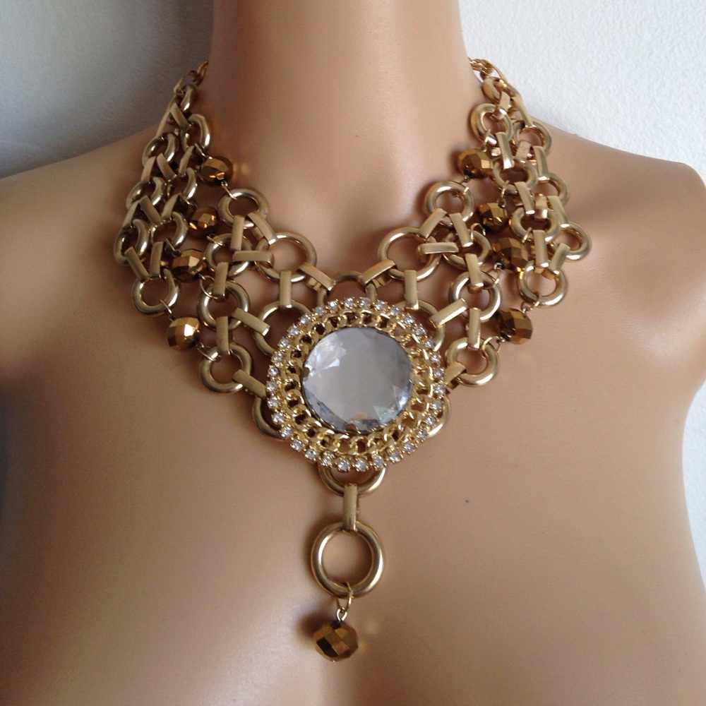 Runway Necklace Gold Beaded Statement Jewelry